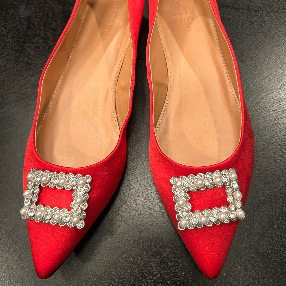 J. Crew Red Satin Pointed Flats with Crystal Buckles